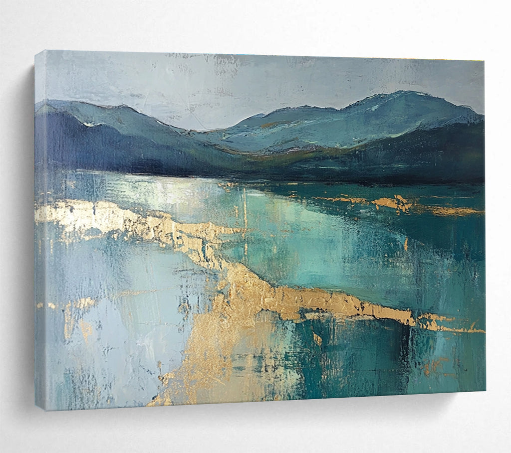 Mountain Lake Abstract Painting with Teal and Gold ABS266