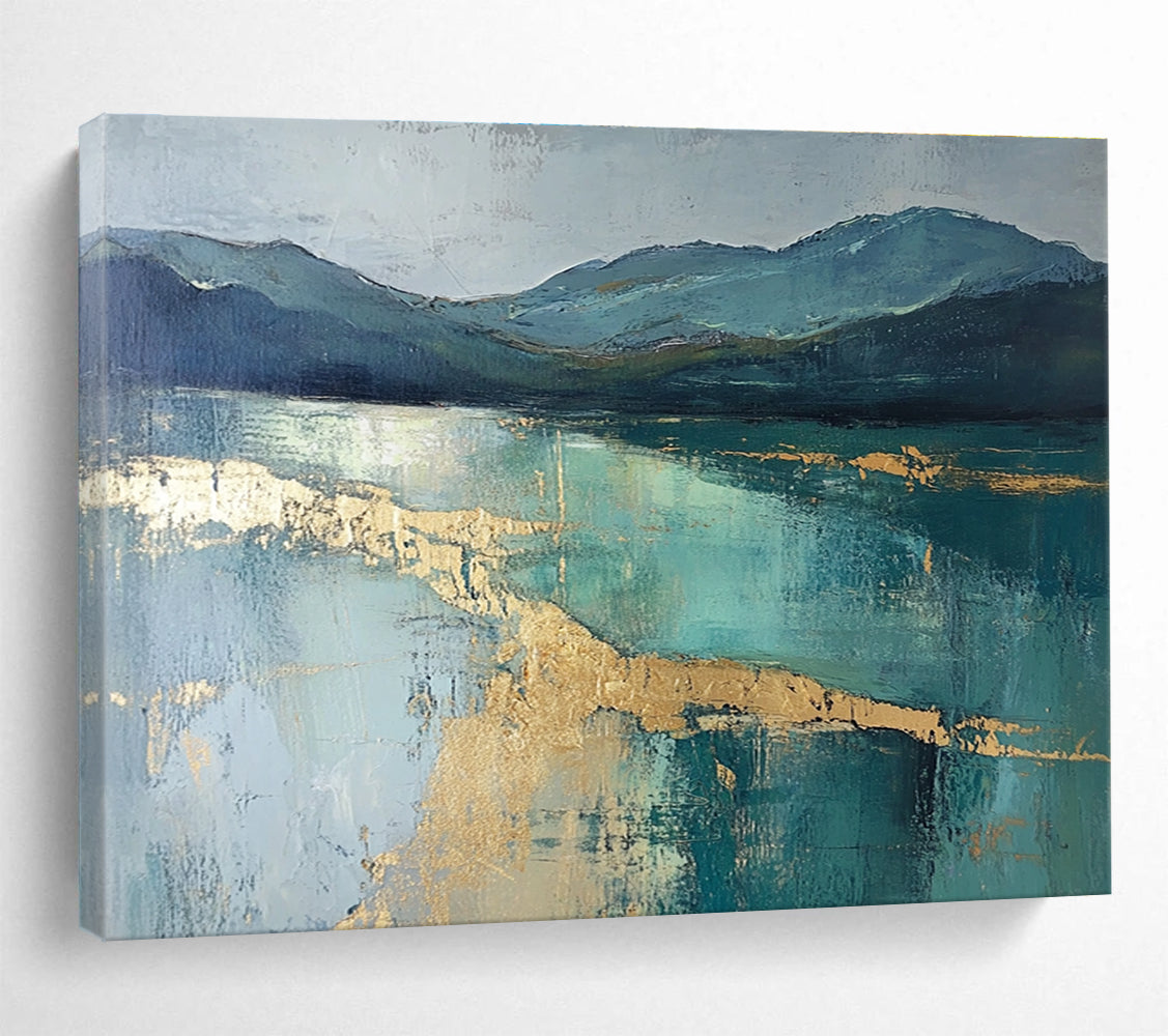 Mountain Lake Abstract Painting with Teal and Gold ABS266