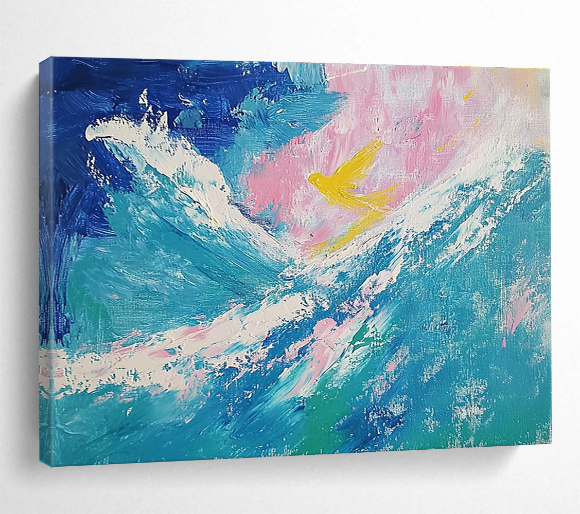 Yellow Bird over Waves Abstract Painting with Dreamy, Symbolic Elements ABS522