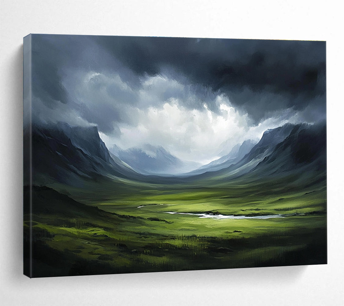 Dark Valley with Stormy Sky Abstract Painting with Dramatic Nature ABS604