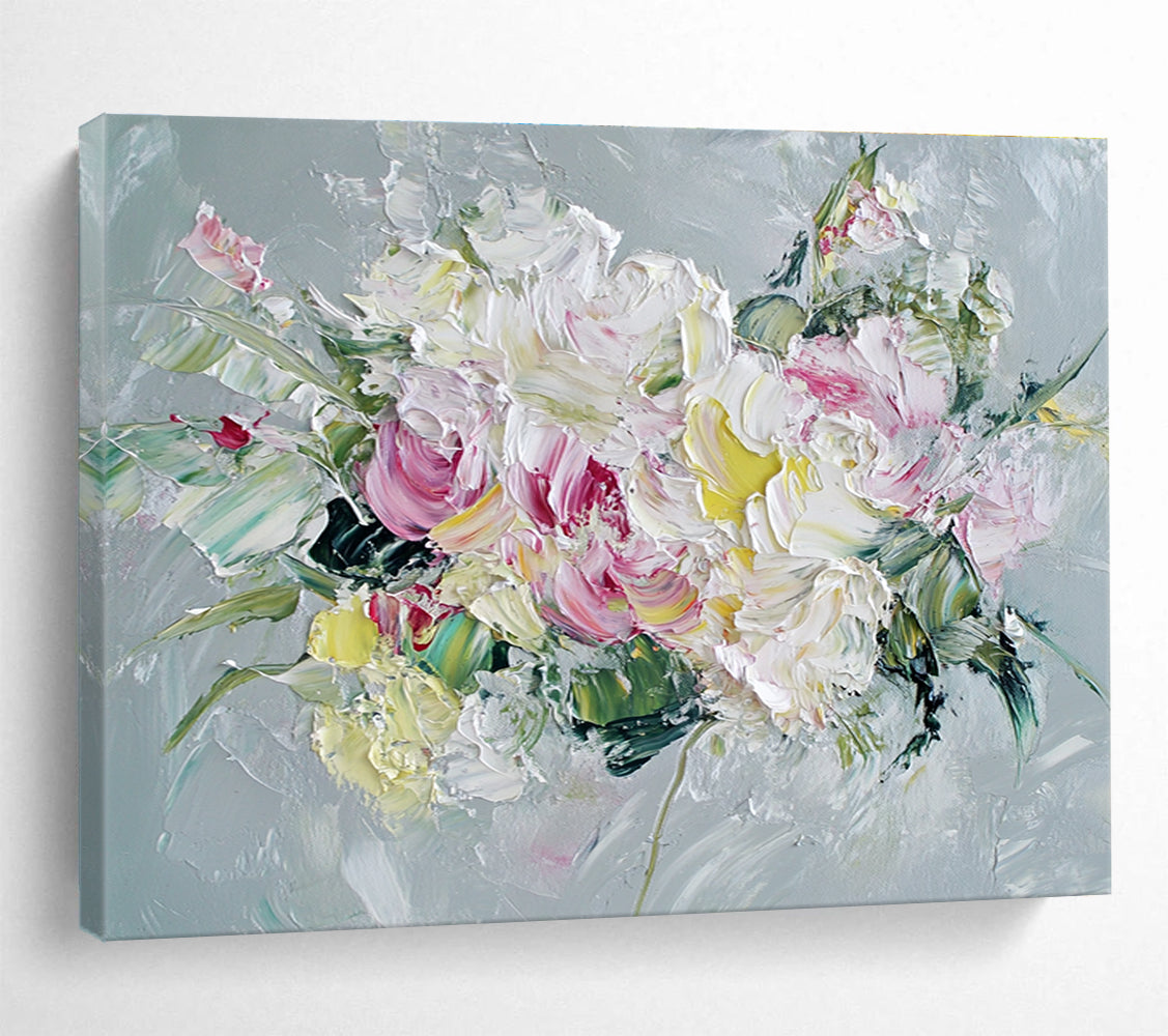 White and Pink Flower Bouquet Abstract Painting with Impasto ABS284