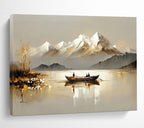 Boat on Lake with Snowy Mountains Abstract Painting with Serene Beauty ABS605