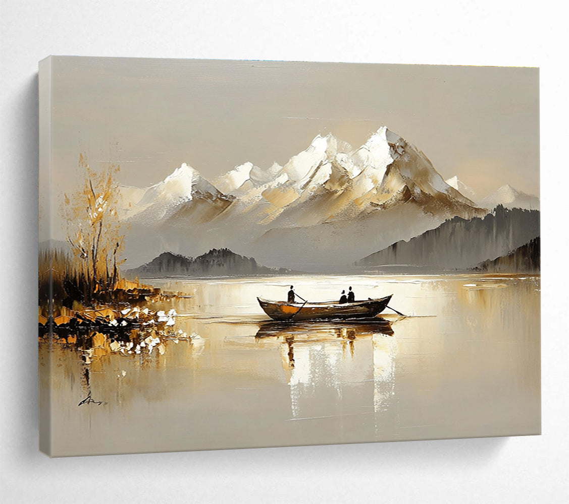 Boat on Lake with Snowy Mountains Abstract Painting with Serene Beauty ABS605