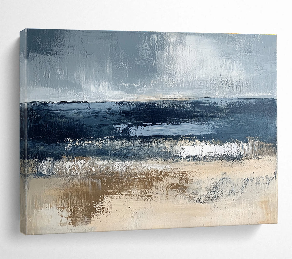 Gray and Blue Abstract Coast with Textured Sea and Sand Abstract Painting ABS362