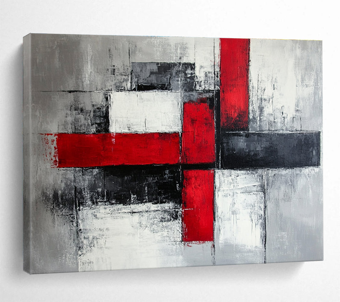 Red, Black and Gray Geometric Abstract Painting with Bold Contrasts ABS397