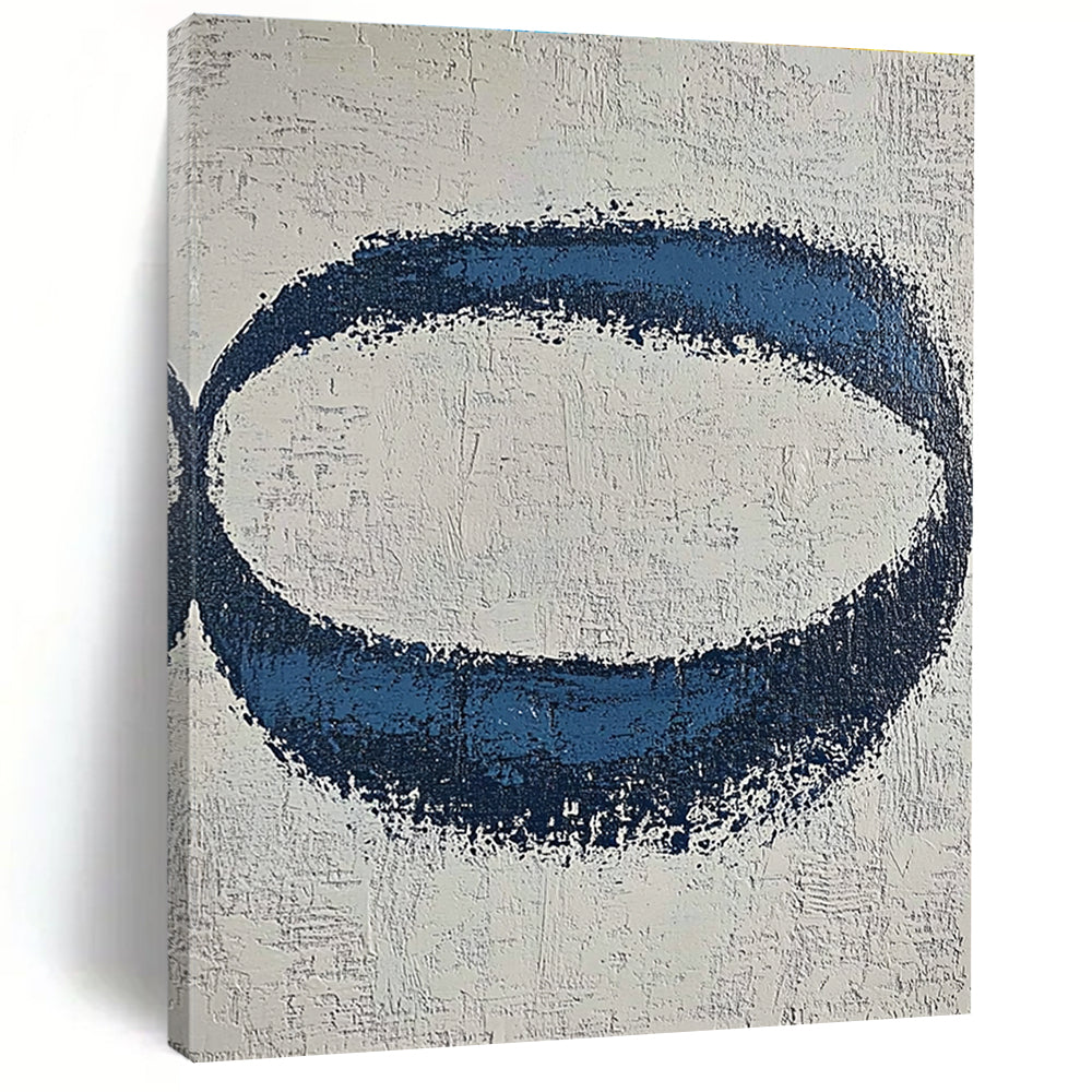 Blue Oval on Textured White Abstract Painting with Tactile Simplicity WINK024