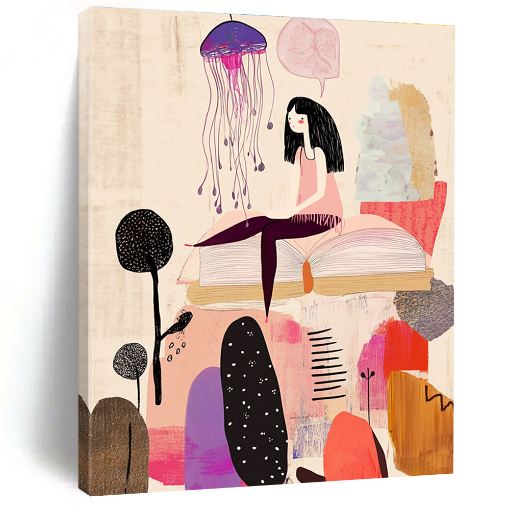 Girl on Book with Jellyfish - Whimsical Narrative Art GAB0394