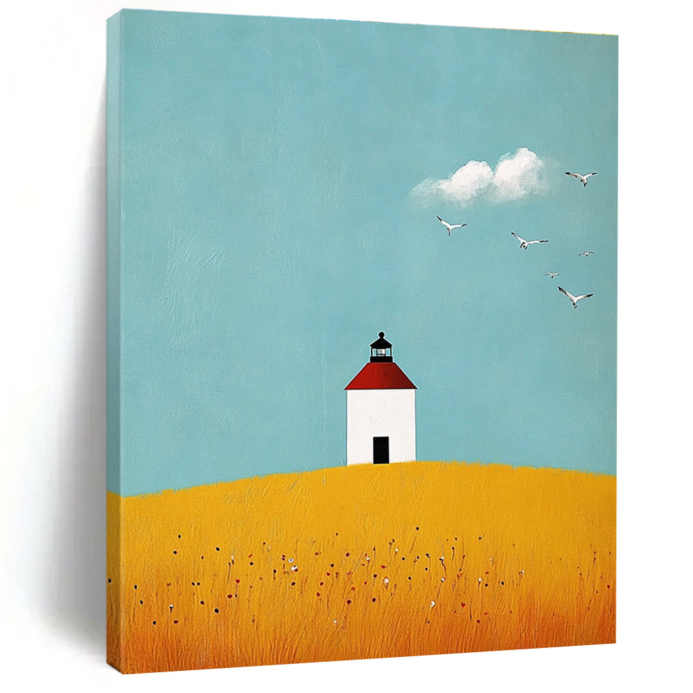 Lighthouse on Yellow Field Abstract Painting of Serene Isolation GAB0180