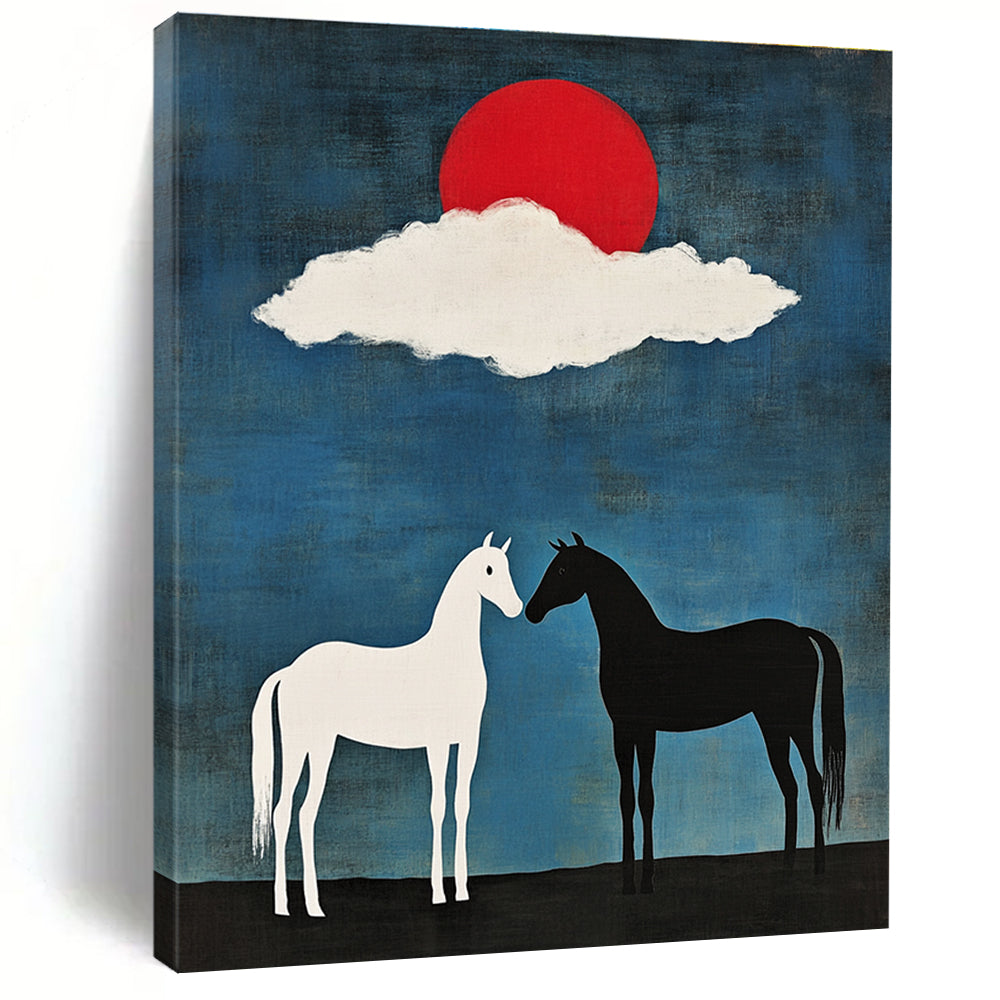 Symbolic Black and White Horses Under Red Sun Abstract Painting GAB0035