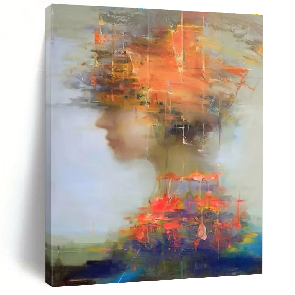 Abstract Figure with Colorful Overlays Painting for Expressive Interiors HENG318