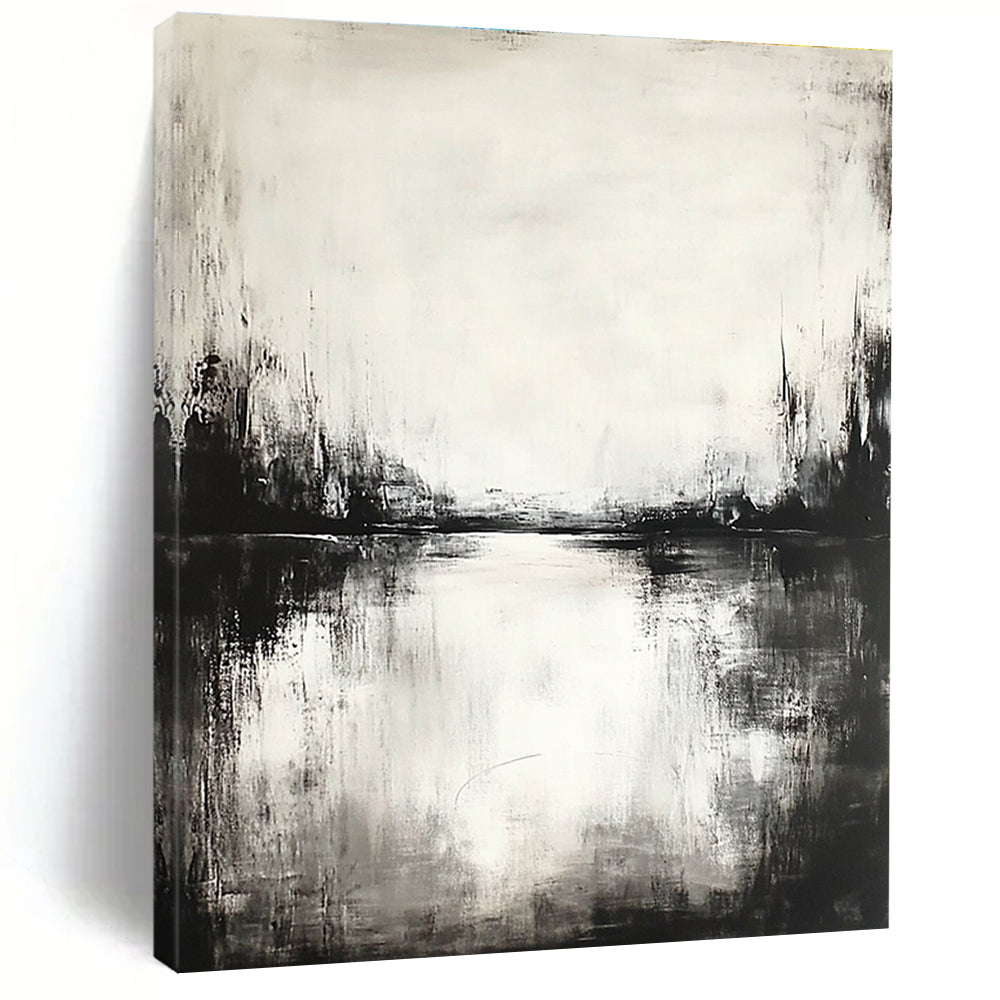 Black and White River Scene - Serene Minimalist Abstract Painting GAB0451