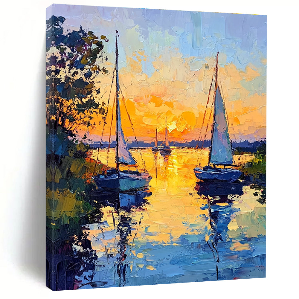 Sailboats at Sunset Impressionistic Abstract Painting for Coastal Homes GAB1438