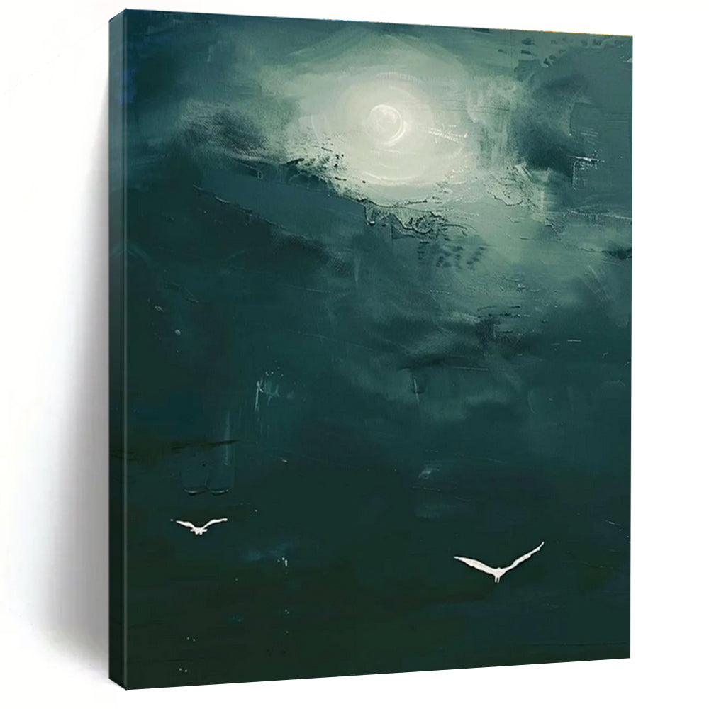 Dark Green Sky with White Birds Abstract Painting for Nature - Themed Spas HENG508