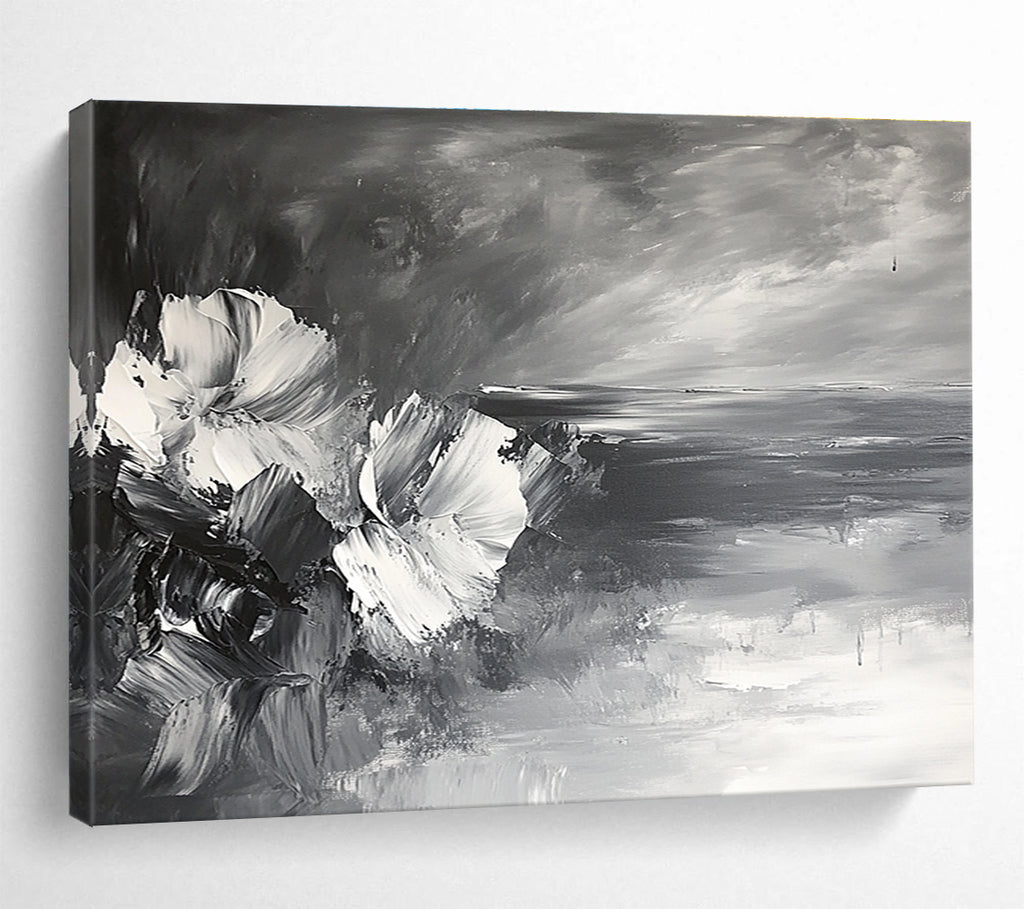 Monochrome Floral and Sea: Contrasting Textures of Flowers and Waves Abstract Painting ABS177