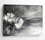 Monochrome Floral and Sea: Contrasting Textures of Flowers and Waves Abstract Painting ABS177