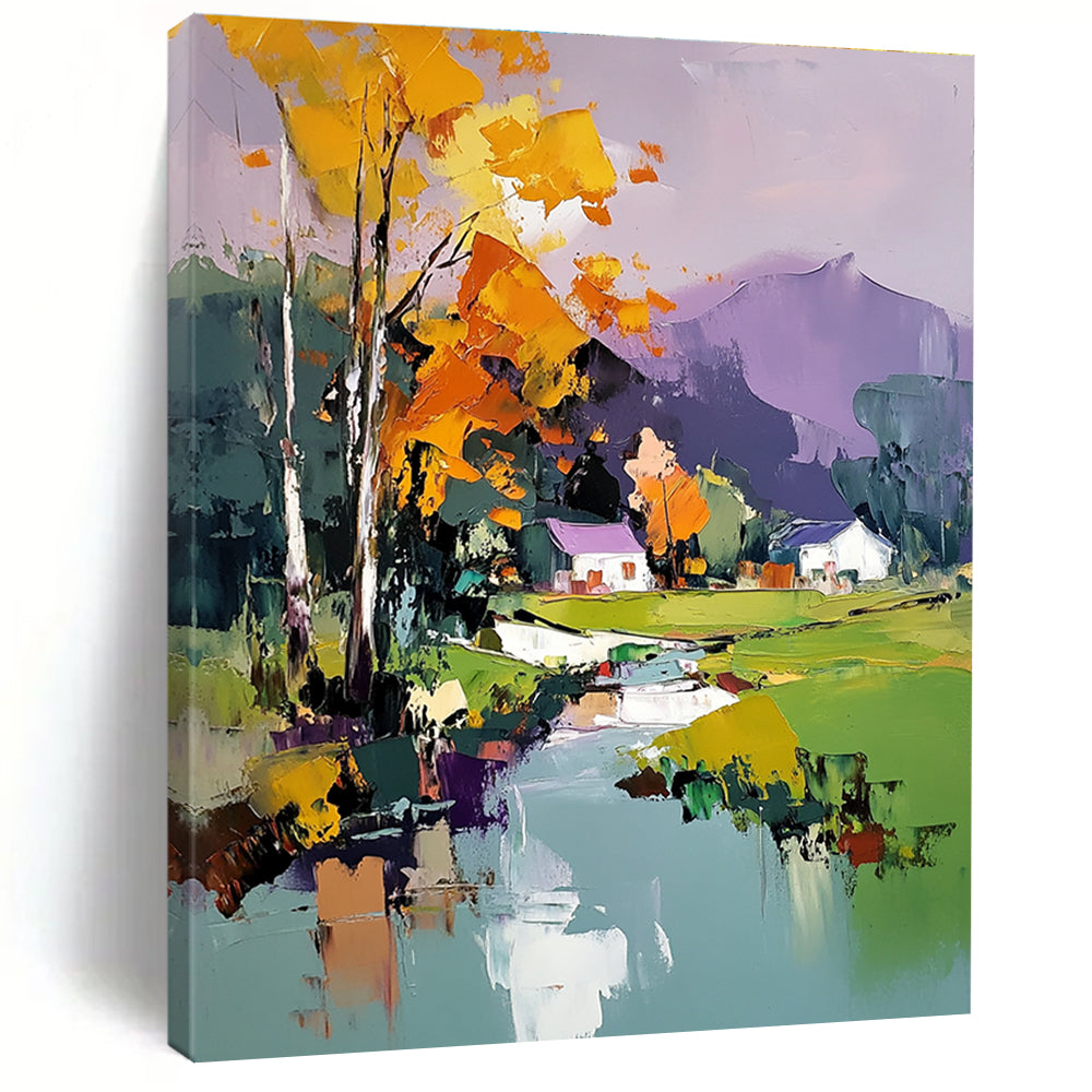 Colorful Village Landscape Abstract Painting for Bohemian - Style Country Homes GAB1347