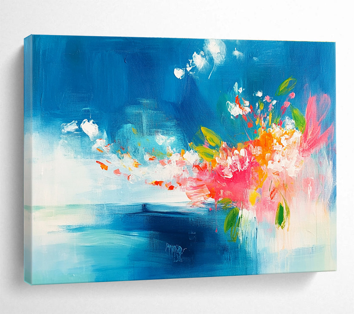 Blue Sky and Colorful Flowers Abstract Painting with Expressive Brushwork ABS394