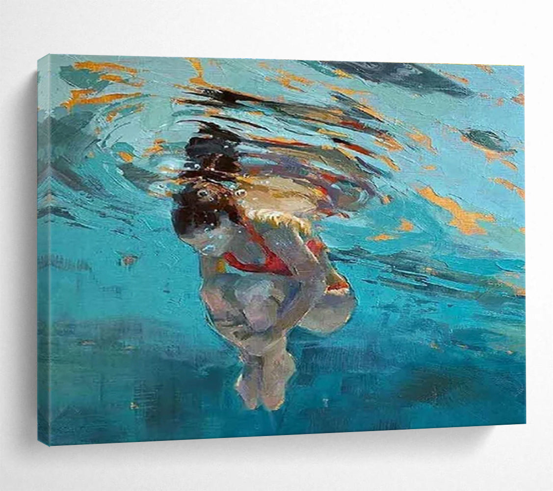 Underwater Swimmer Abstract Painting for Coastal Home Offices YHT247
