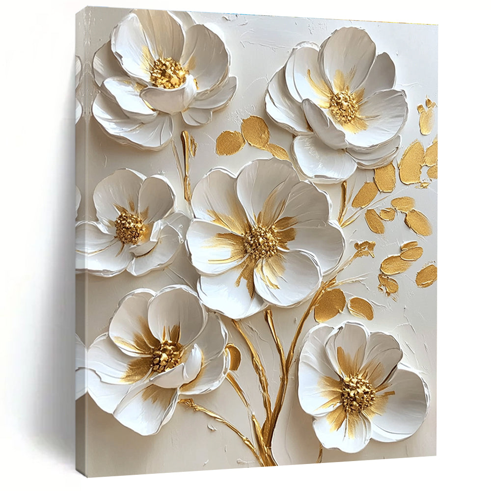 3D White and Gold Flowers Opulent Abstract Painting for Lavish Interiors GAB1529