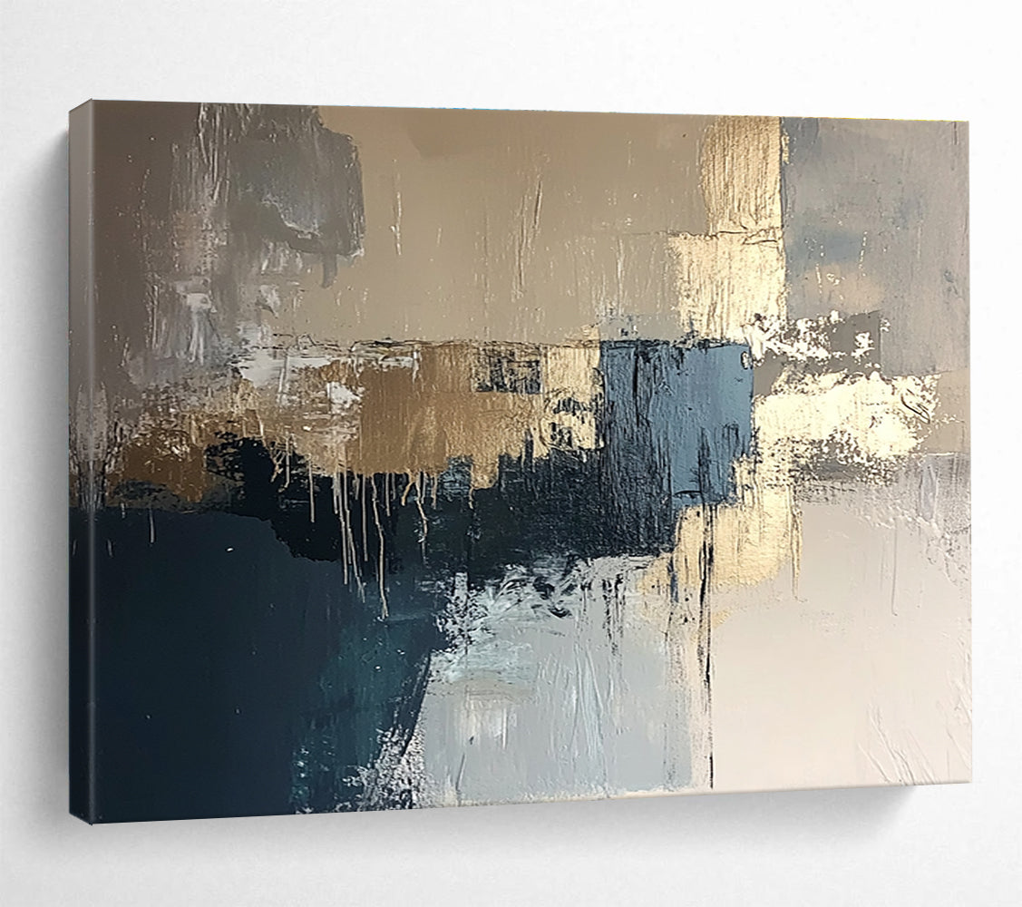 Gray and Gold Abstract with Dripping Details Abstract Painting ABS385
