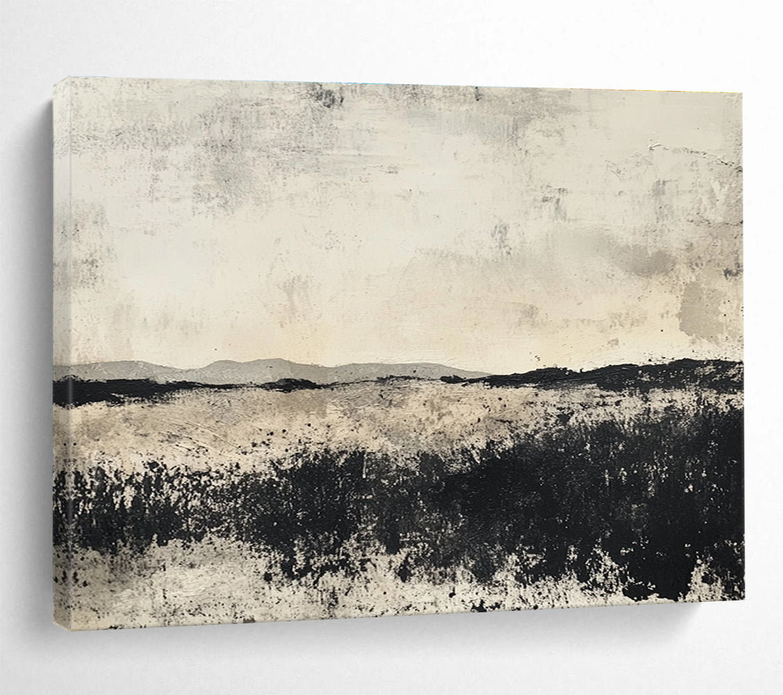 Grayscale Landscape: Textured Fields and Distant Hills Abstract Painting ABS176