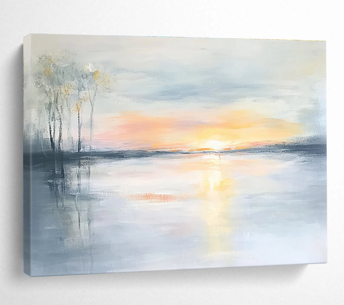 Serene Sunset Lake Abstract Painting with Soft Reflections ABS242
