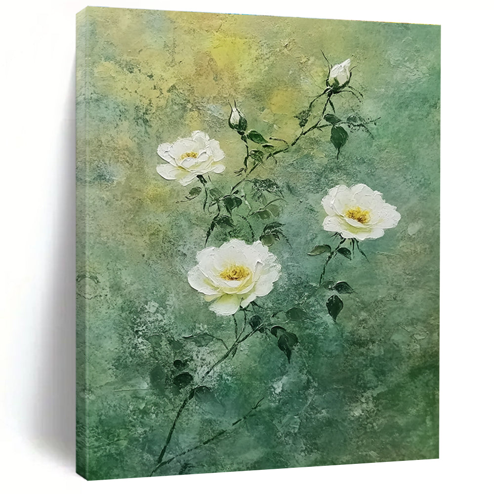 White Roses on Green Delicate Abstract Painting for Fresh Interiors GAB1538