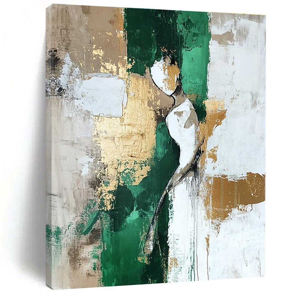 Abstract Figure Painting with Green and Gold Accents GAB0675