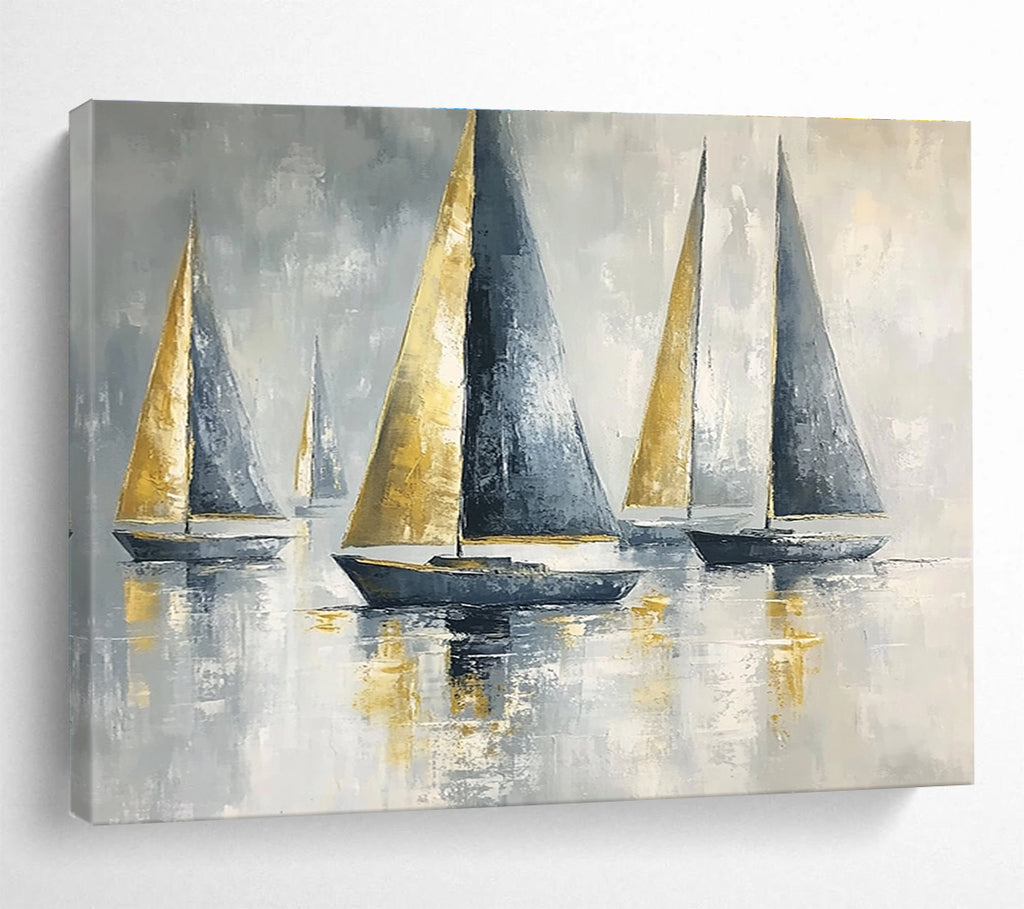 Sailboats with Gold Sails Abstract Painting with Luxe Maritime Vibe ABS607