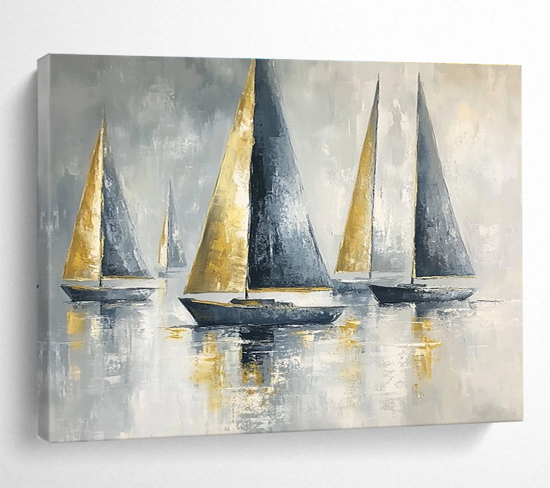 Sailboats with Gold Sails Abstract Painting with Luxe Maritime Vibe ABS607