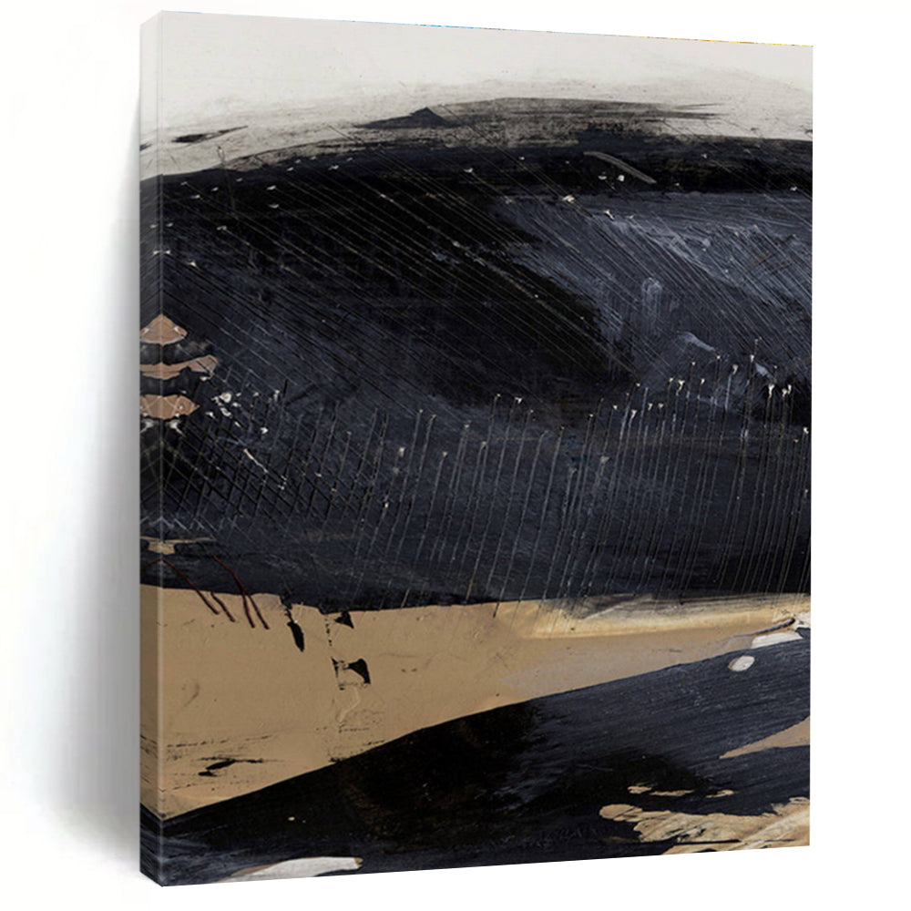 Textured Black - Beige Abstract Painting for Minimalist Home Studios HENG203