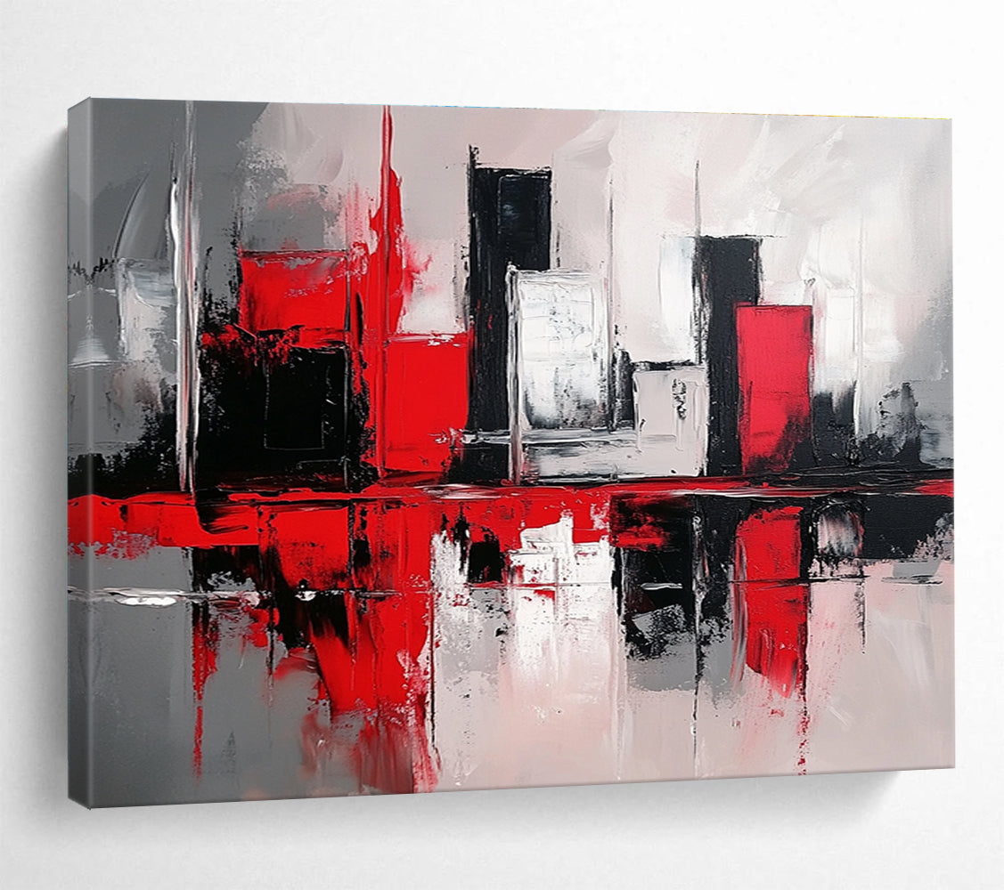Red and Black Cityscape Abstract Painting with Reflective Elements ABS398