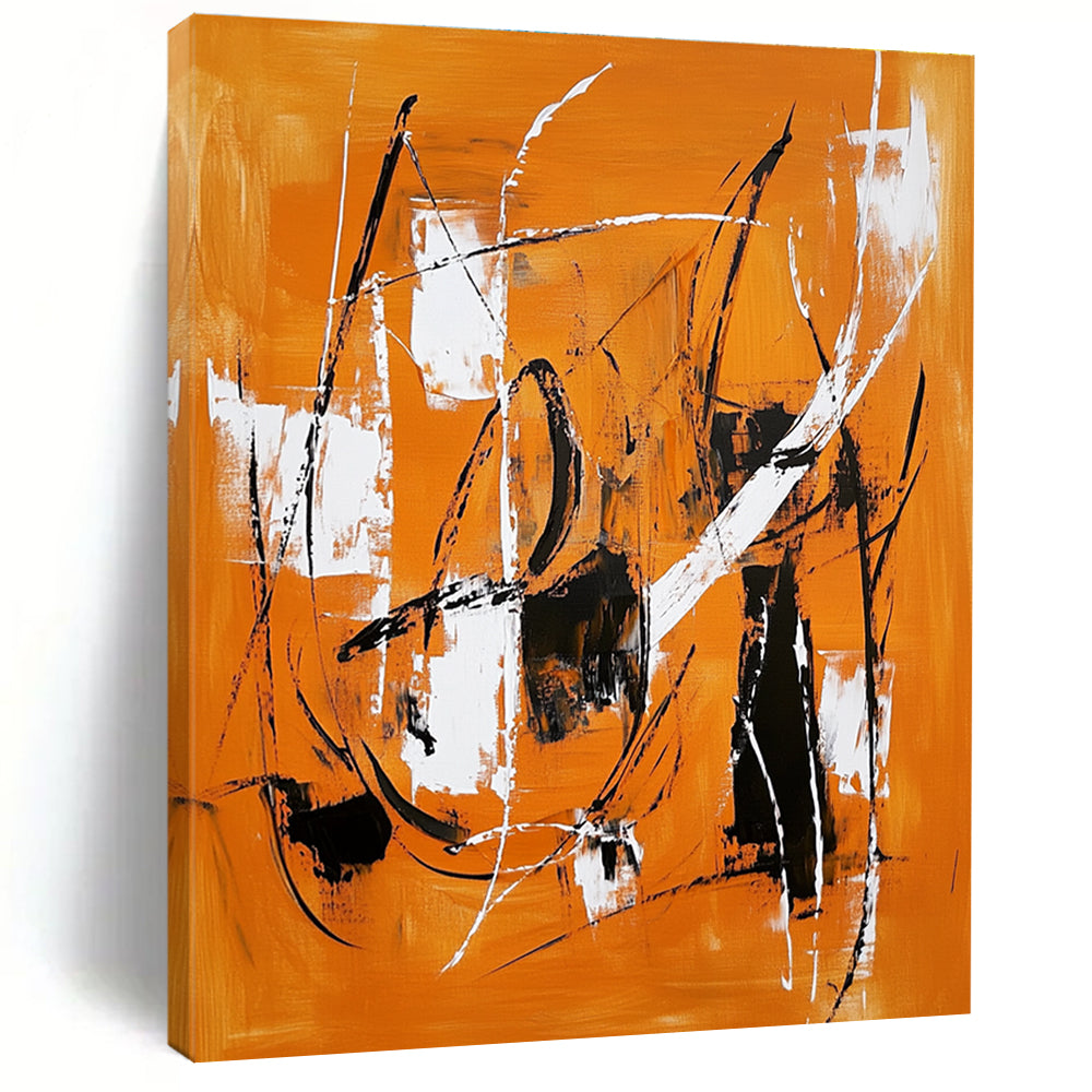 Orange Black White Abstract Painting with Dynamic Lines WINK659