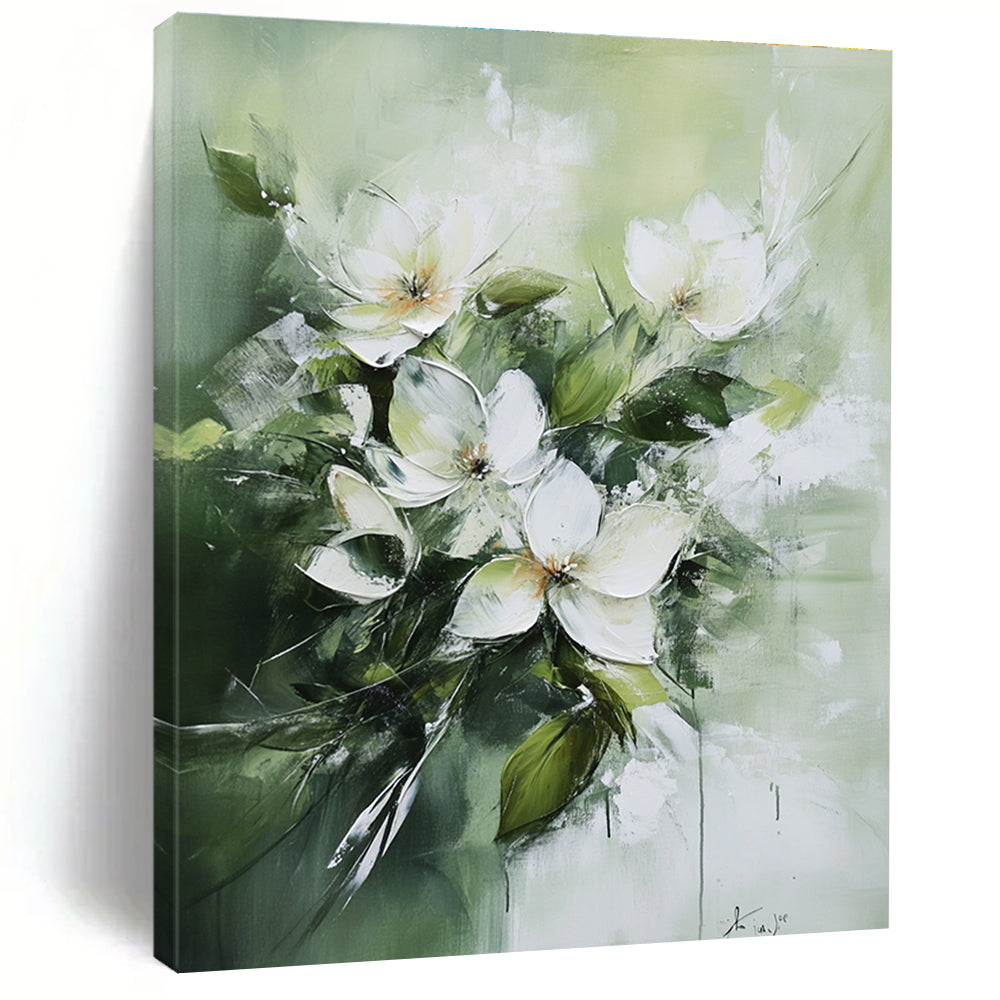 White Flowers on Green Abstract Painting for Elegant Tea Rooms GAB0830