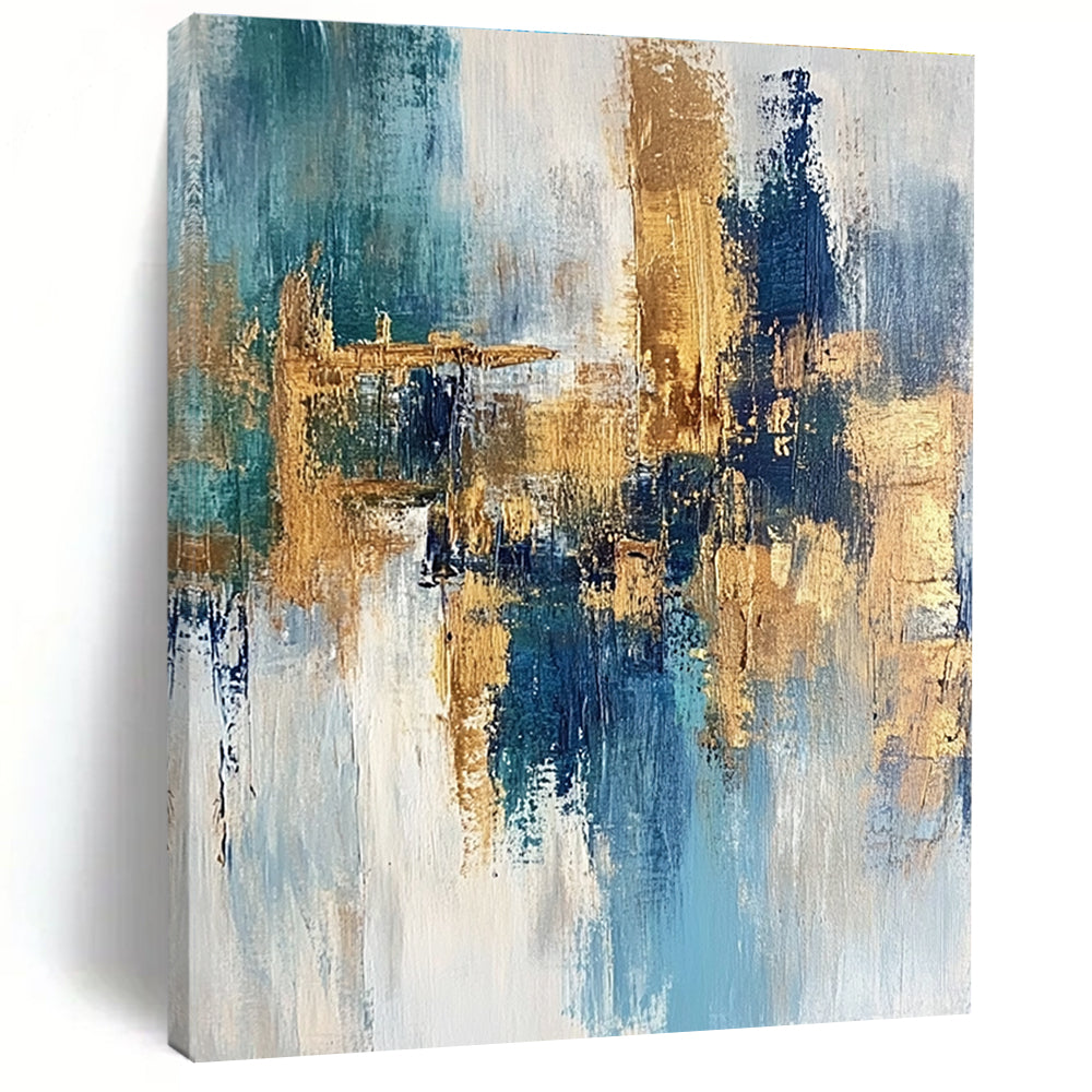 Blue Gold White Abstract Painting with Coastal Elegance WINK474