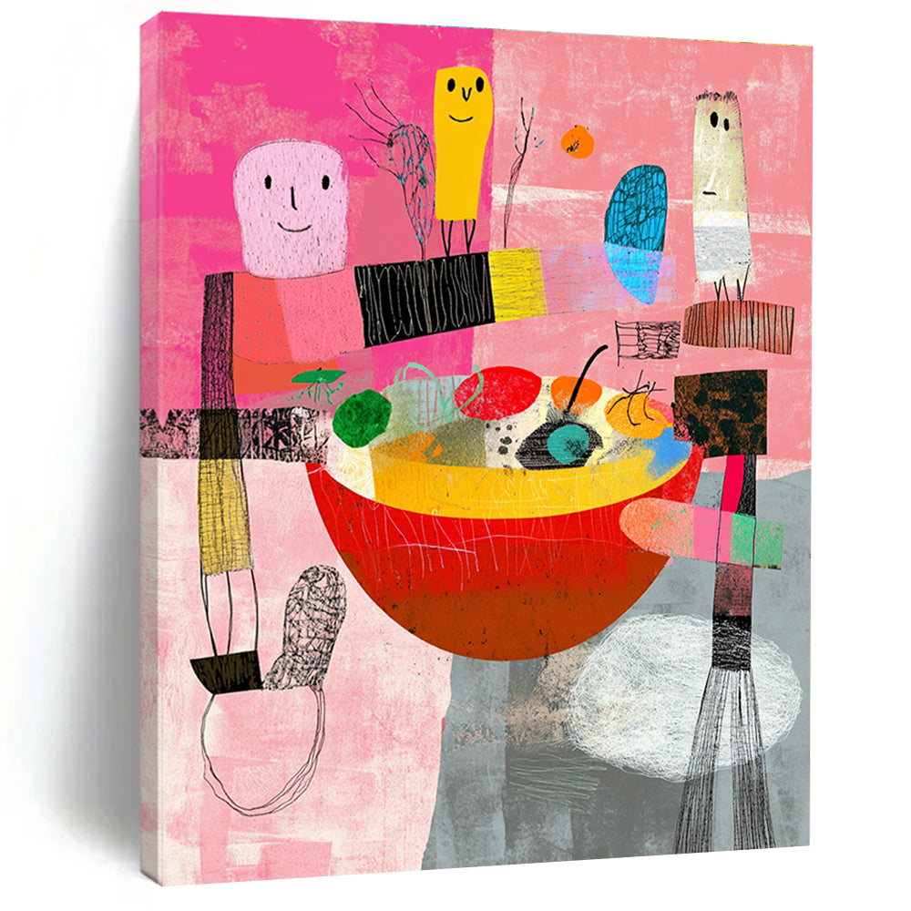 Pink and Colorful Figures Abstract Painting of Whimsical Gathering GAB0097