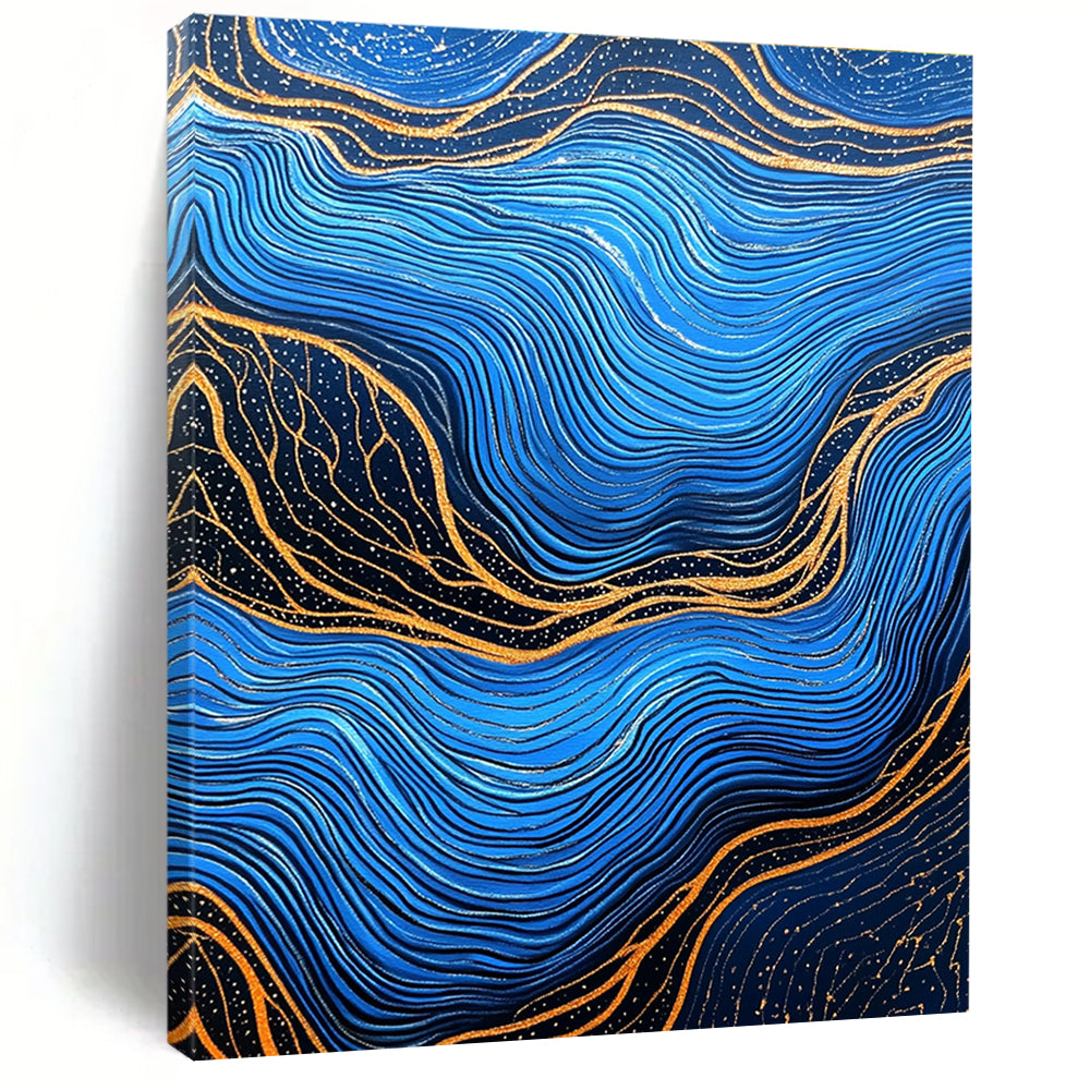 Blue and Gold Wave Patterns Abstract Painting of Oceanic Rhythms GAB0082