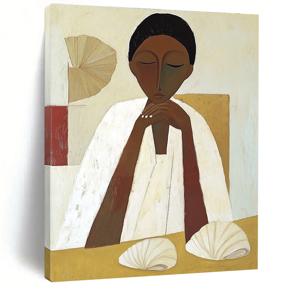 Serene Figure with Shells Cultural Narrative Abstract Painting GAB0269