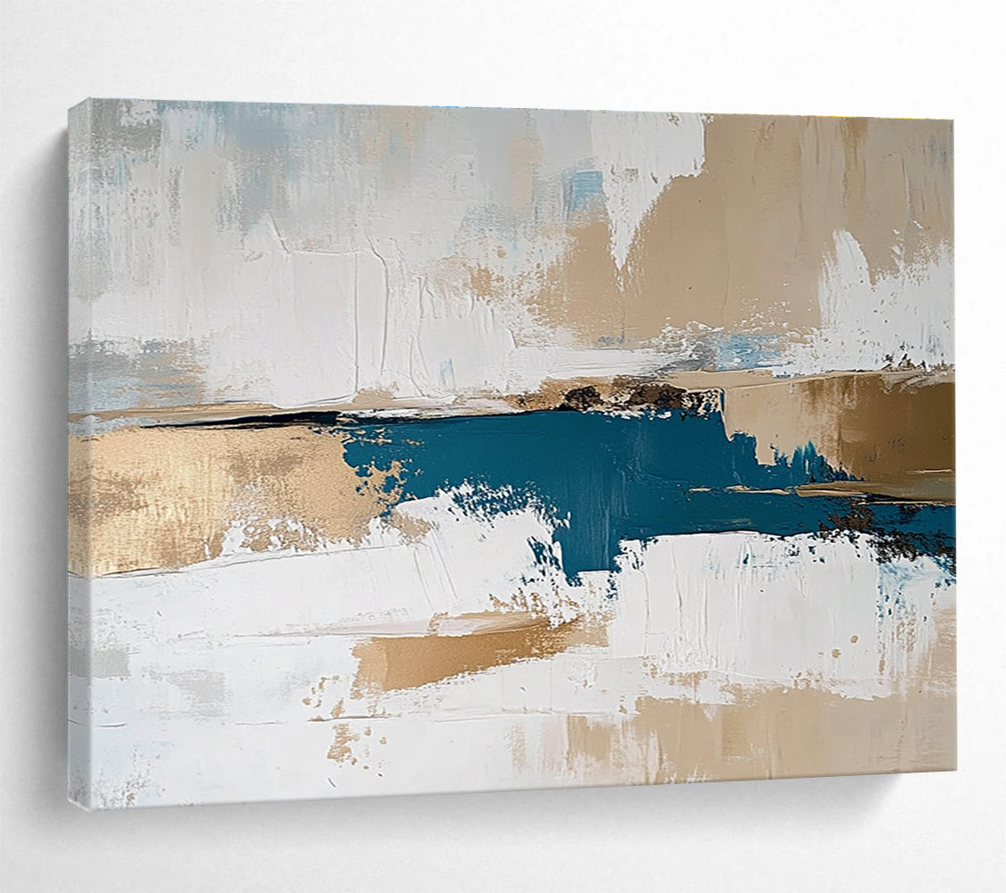 Blue, Gold, and White Abstract Painting with Layered Textural Elegance ABS471