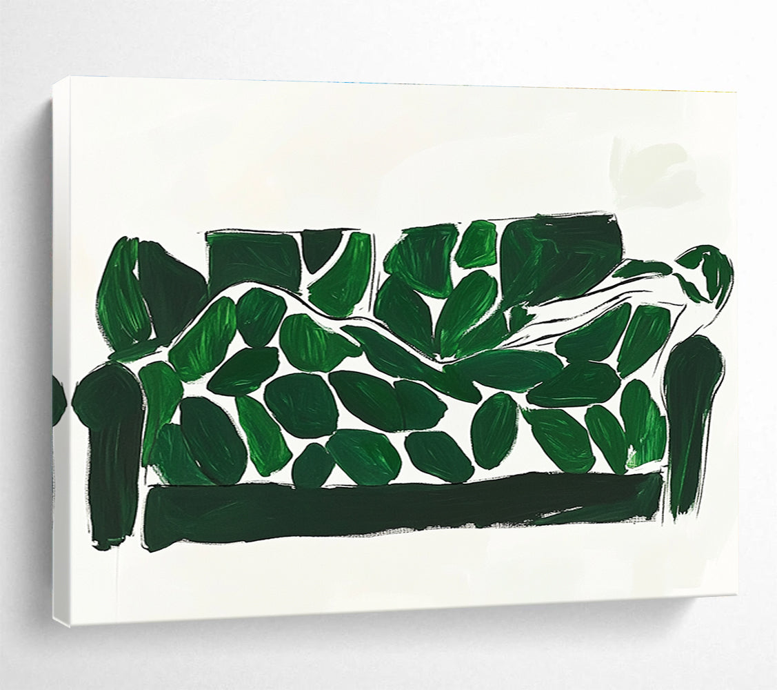 Whimsical Green Leaf Sofa Art Merging Daily Life and Creativity, Adding Playful Flair Abstract Painting ABS142