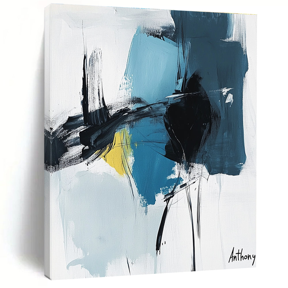Bold Blue and Black Strokes Abstract Painting of Energetic Expression GAB0205