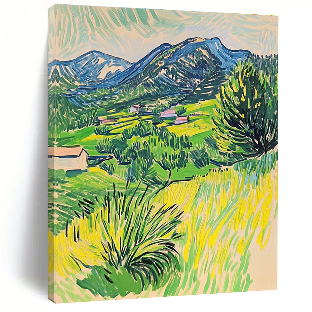 Vibrant Mountain Village Painting of Lively Rural Scenery GAB0152