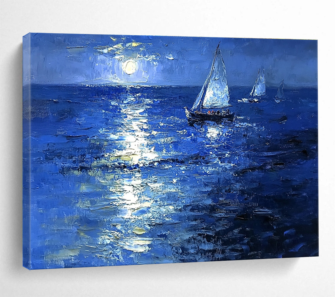 Moonlit Sailboats on Sea Abstract Painting with Nocturnal Serenity ABS601