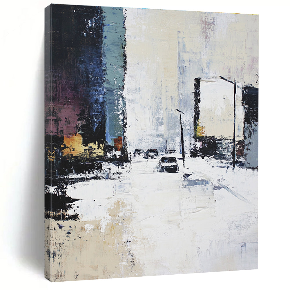 Snowy Urban Street - Winter Cityscape Abstract Painting GAB0572