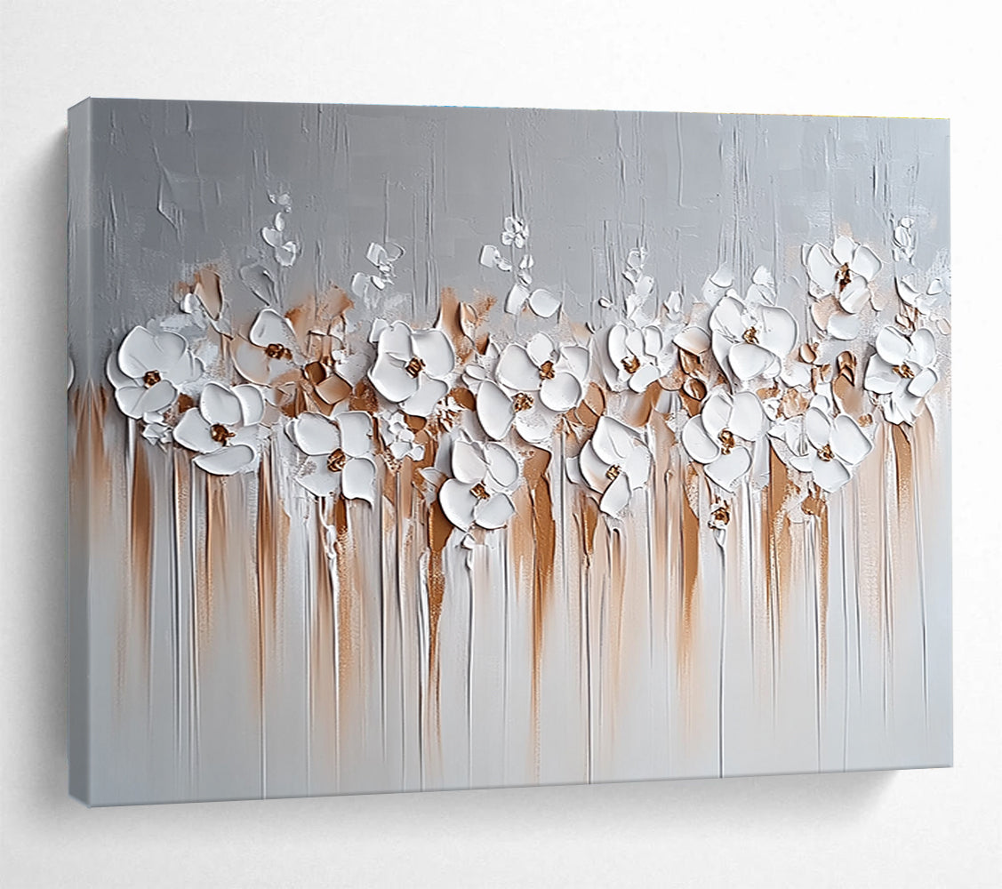 White Flowers and Brown Drips Abstract Painting with 3D Textural Beauty ABS452