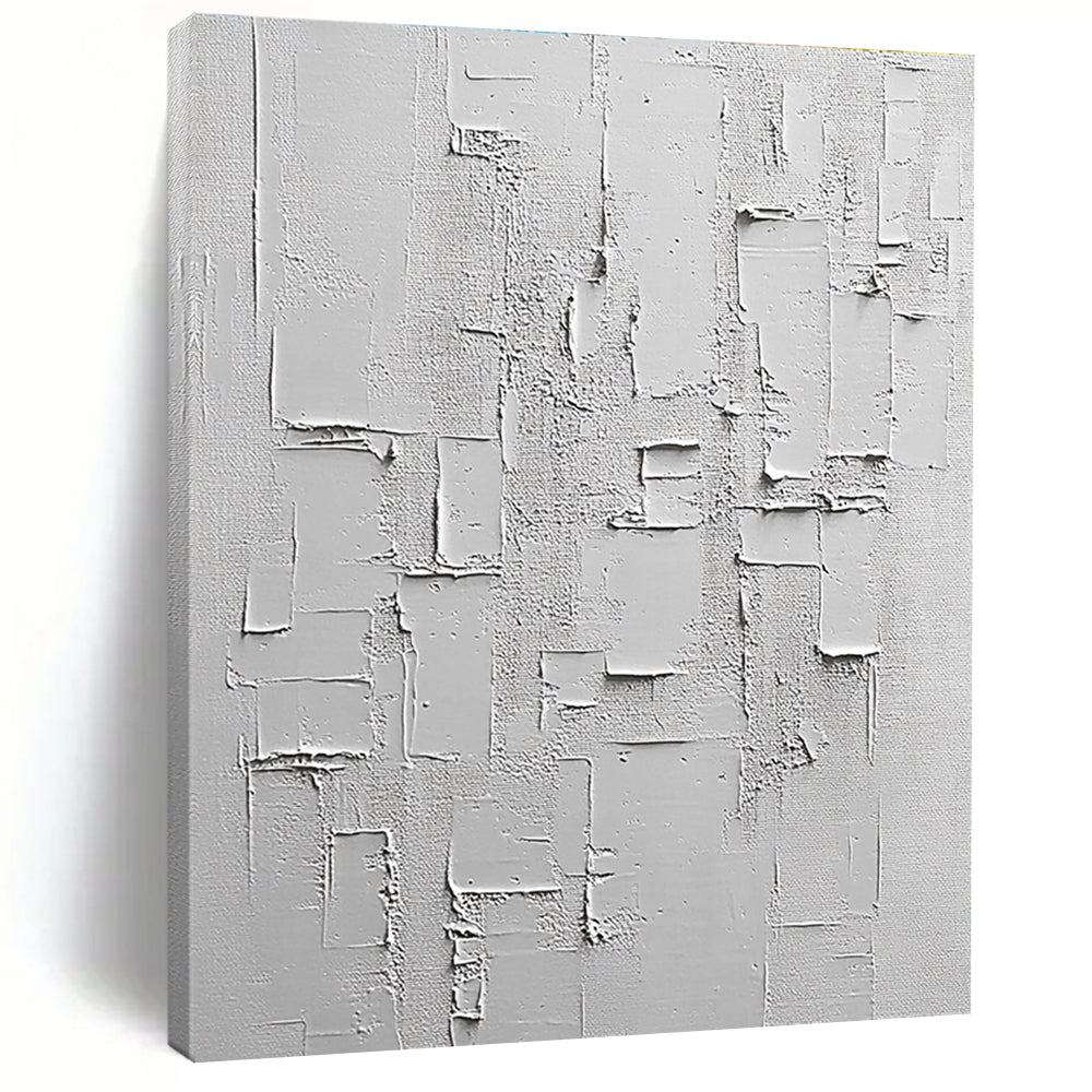 White Textured Rectangular Assemblage Painting with Minimalist Depth WINK063