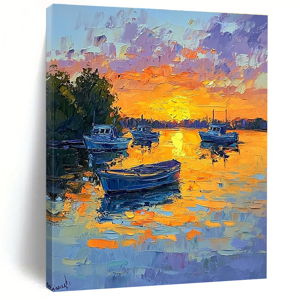 Sunset Boats on the Lake Impressionistic Abstract Painting for Relaxing Spaces GAB1434