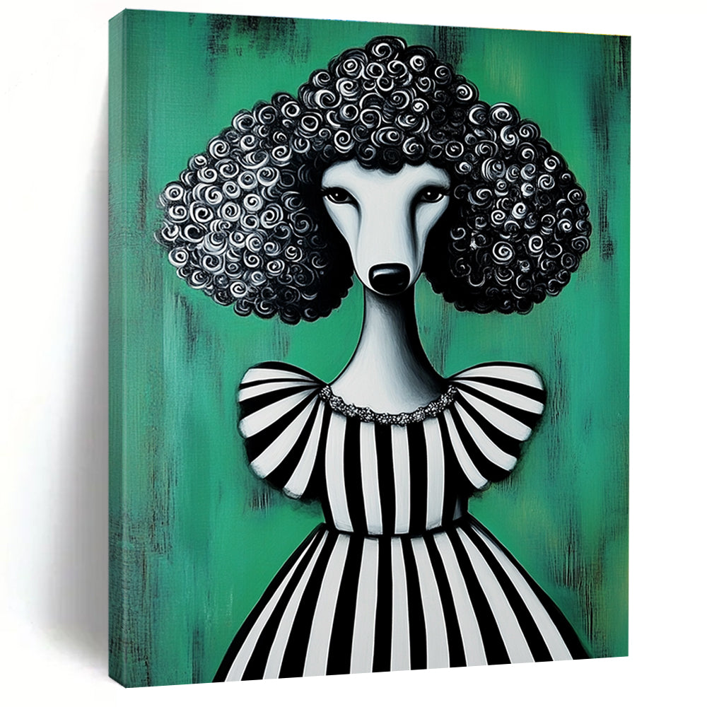 Poodle in Striped Dress Painting of Elegant Quirkiness GAB0134
