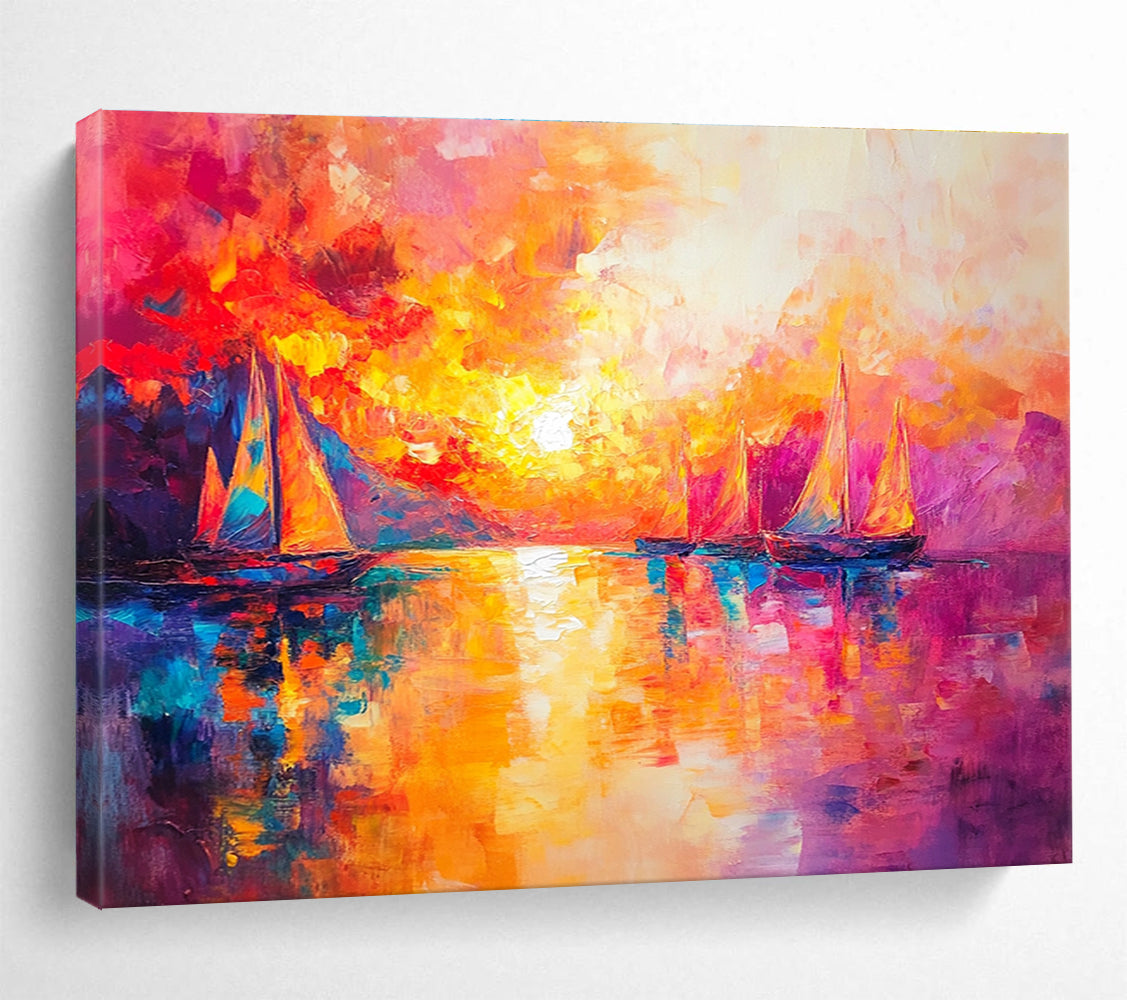 Colorful Sunset Sailboats with Vivid Palette Abstract Painting ABS321