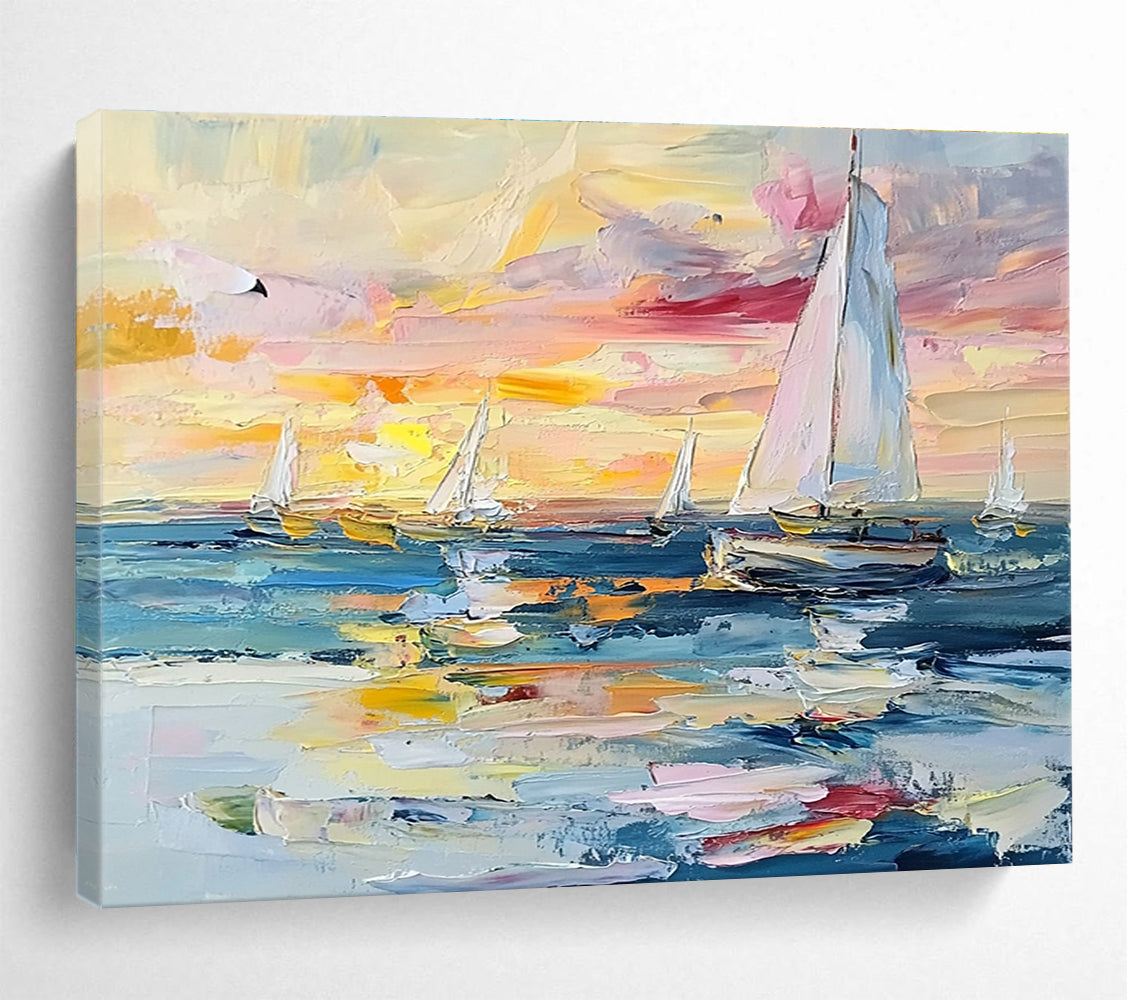 Sailboats at Colorful Sunset Abstract Painting with Vibrant Dusk Hues ABS603